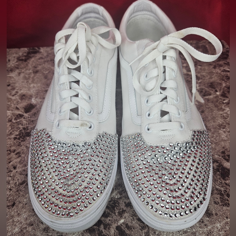Vans Ward Low White Canvas Skate Shoes Size 12 Men Rhinestone Accent